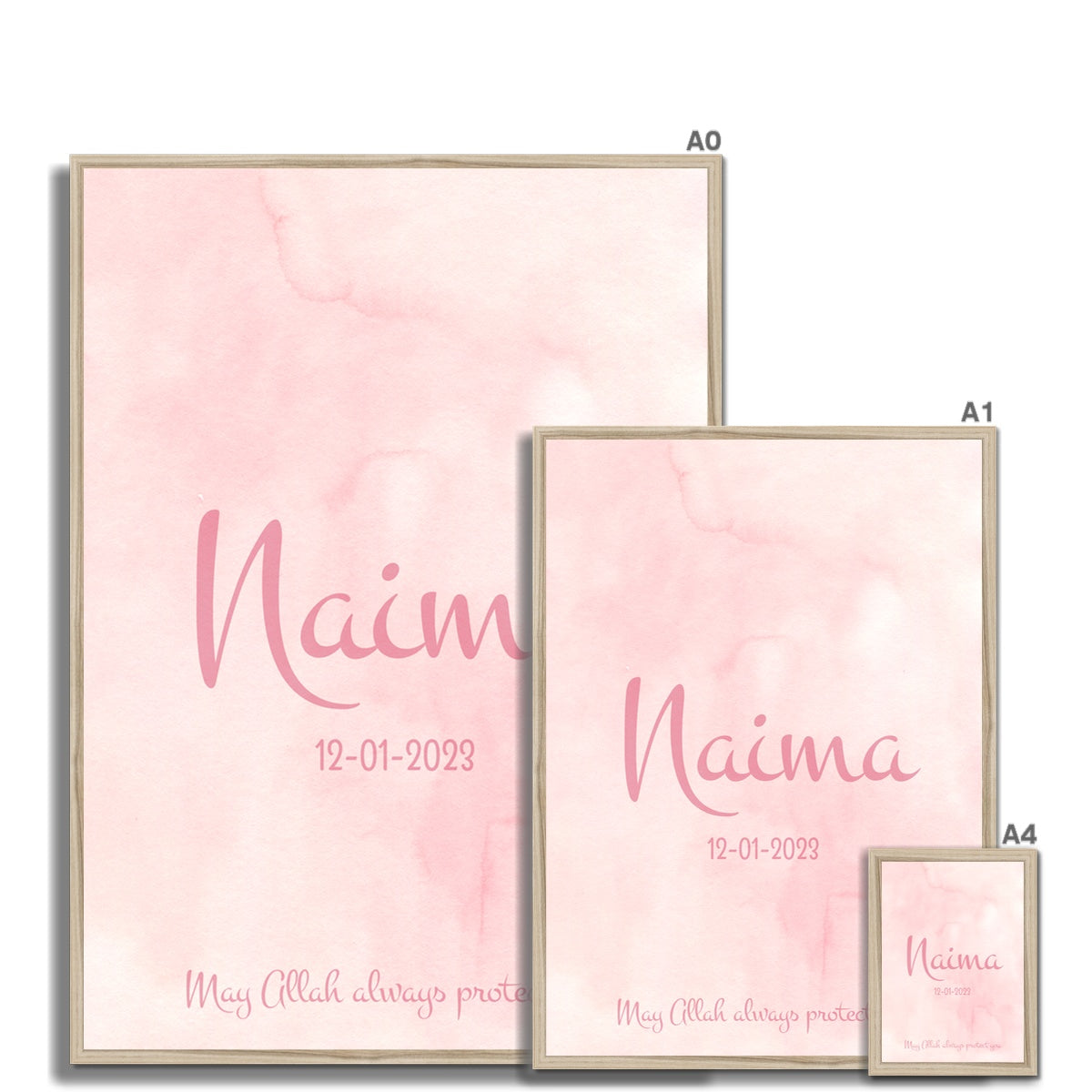 Set of 3 Personalized Pink Islamic Wall Art for Girls – Custom Name & Birth Date Posters Framed Print - Neanour