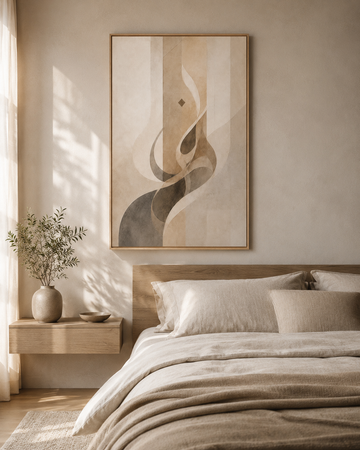 Echoes of Patience framed canvas in a warm minimalist bedroom
