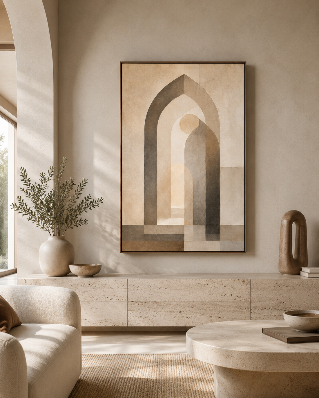 House of Tranquility framed Islamic wall art in a warm neutral living room