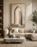 House of Tranquility large framed canvas above a neutral sofa