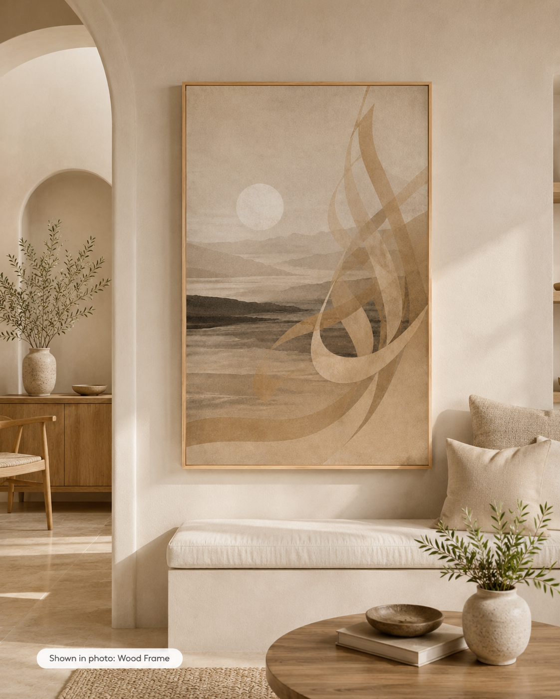 Stillness of Dawn framed canvas in a warm minimalist interior with Wood Frame