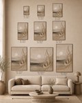 Stillness of Dawn size guide showing all available framed canvas sizes relative to a 230 cm sofa