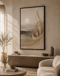 Stillness of Dawn framed canvas in Black Frame in a warm neutral living room