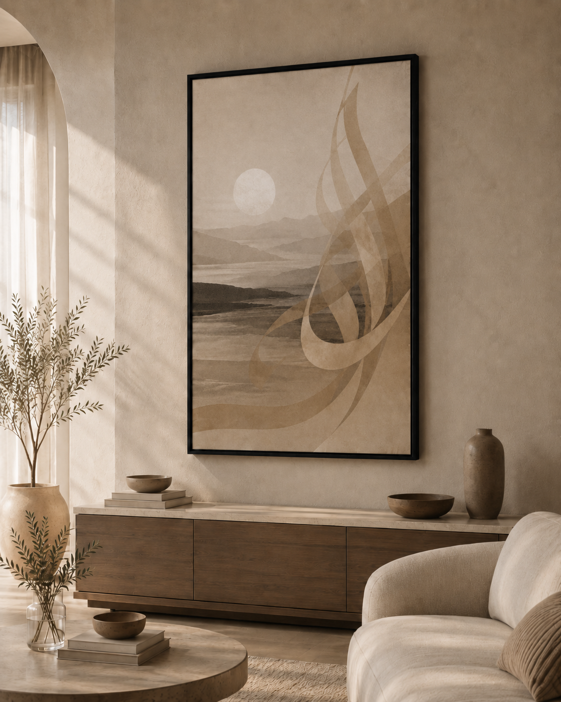 Stillness of Dawn framed canvas in Black Frame in a warm neutral living room
