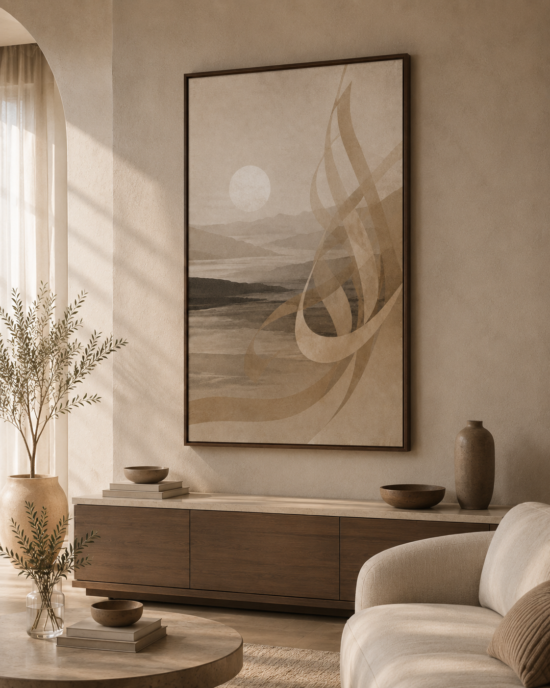 Stillness of Dawn framed canvas in Brown Frame in a warm neutral living room